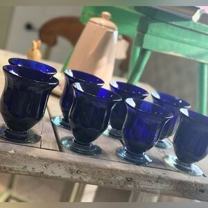 8 Handblown Cobalt Drinking Glasses. 4”T. Pedestal | Vintage | Vibrant | EUC